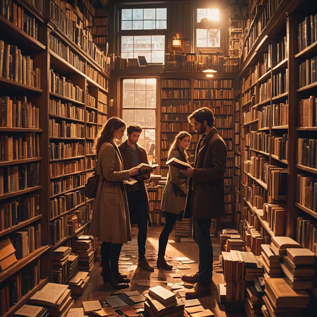 Romantic Bookstore Encounter in Golden Light