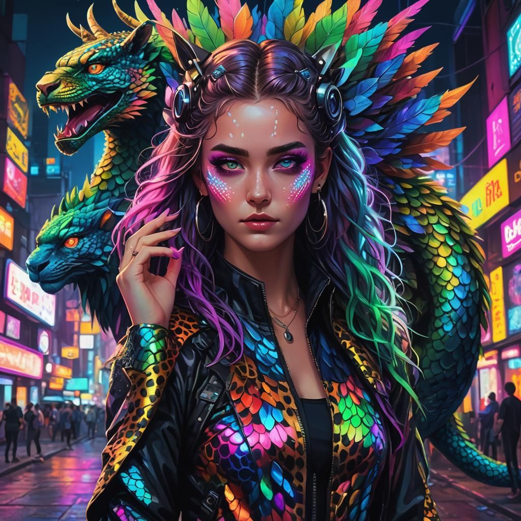 Cyberpunk Woman with Rainbow Dragon Scales