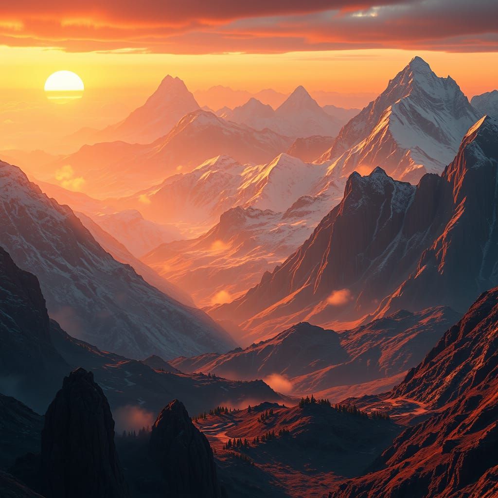 Majestic Mountains in a Vibrant, Fantastical Sunrise Landsca...