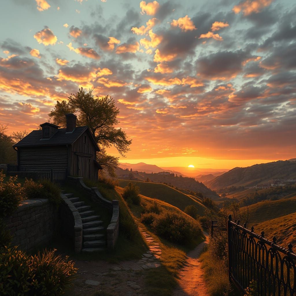 Ethereal Sunset Landscape with Rolling Hills and Verdant Fol...