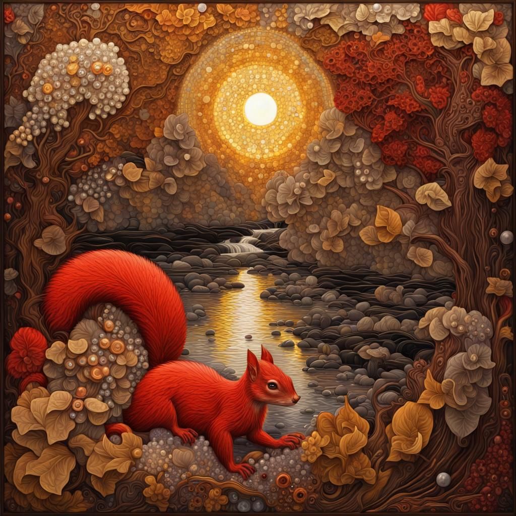 Luxury River Landscape with Squirrels in Glass Mosaic