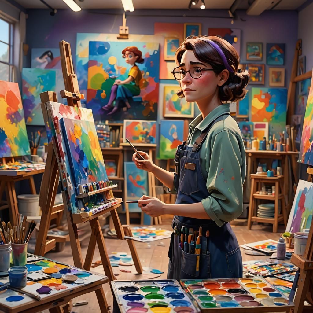 Painter in Studio, Pixar-Style 3D Concept Art