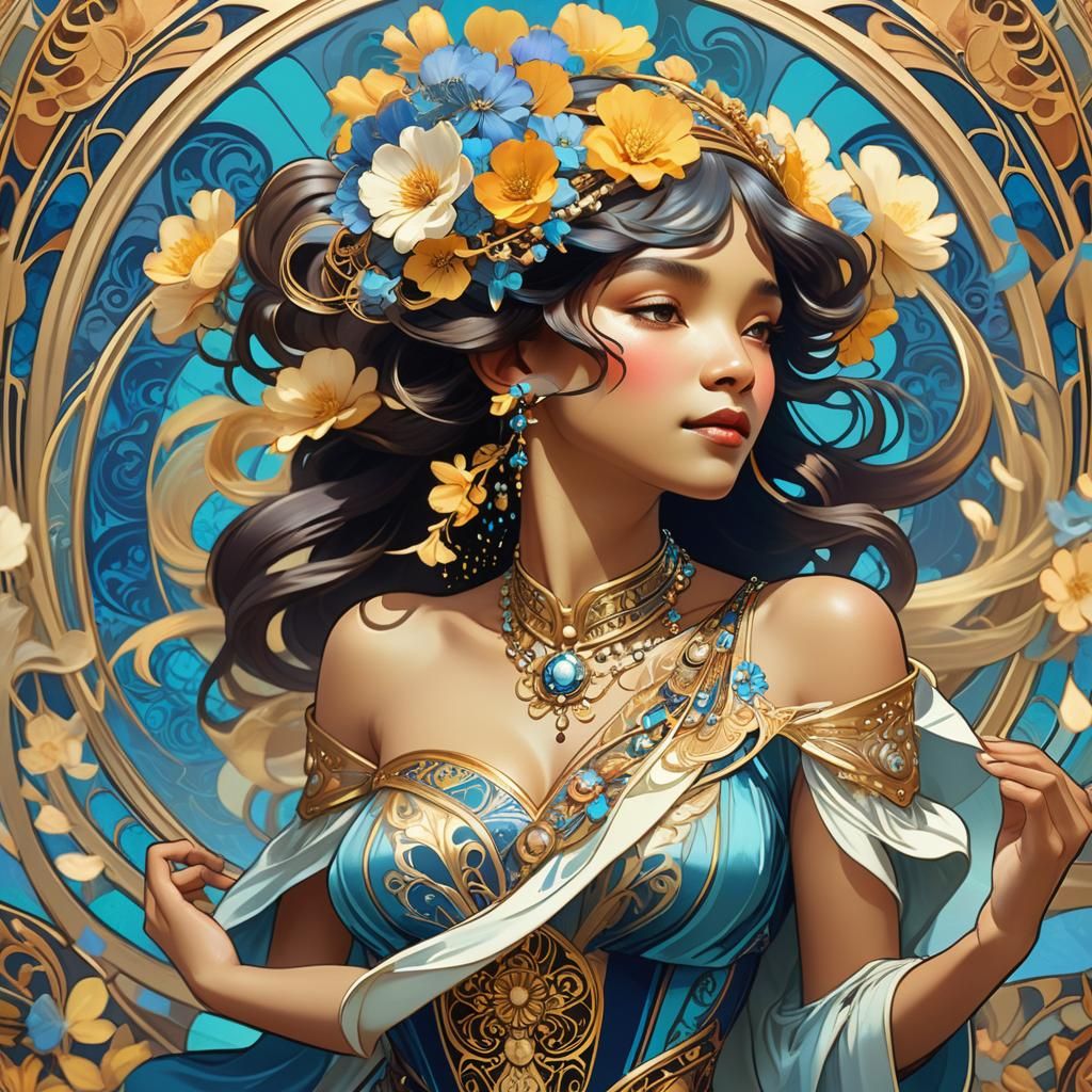 Art Nouveau Dancers in Harmony: Golden and Blue Tones