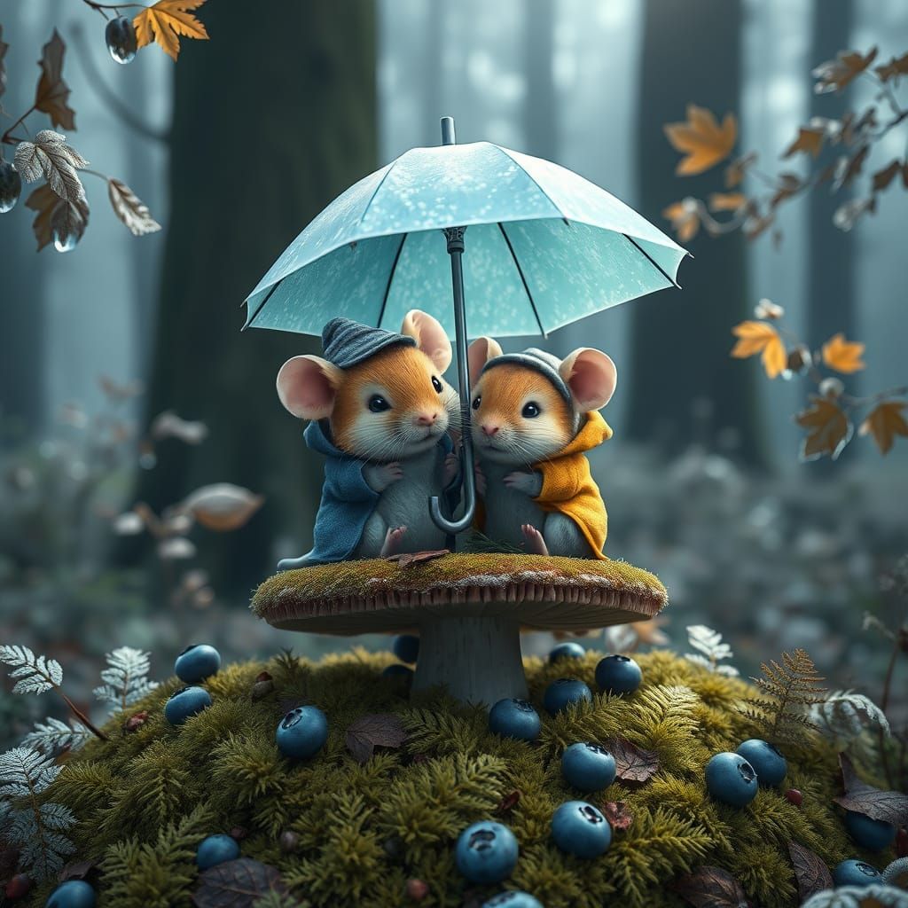 Magical Forest Scene with Two Adorable Mice Under a Soft Blu...