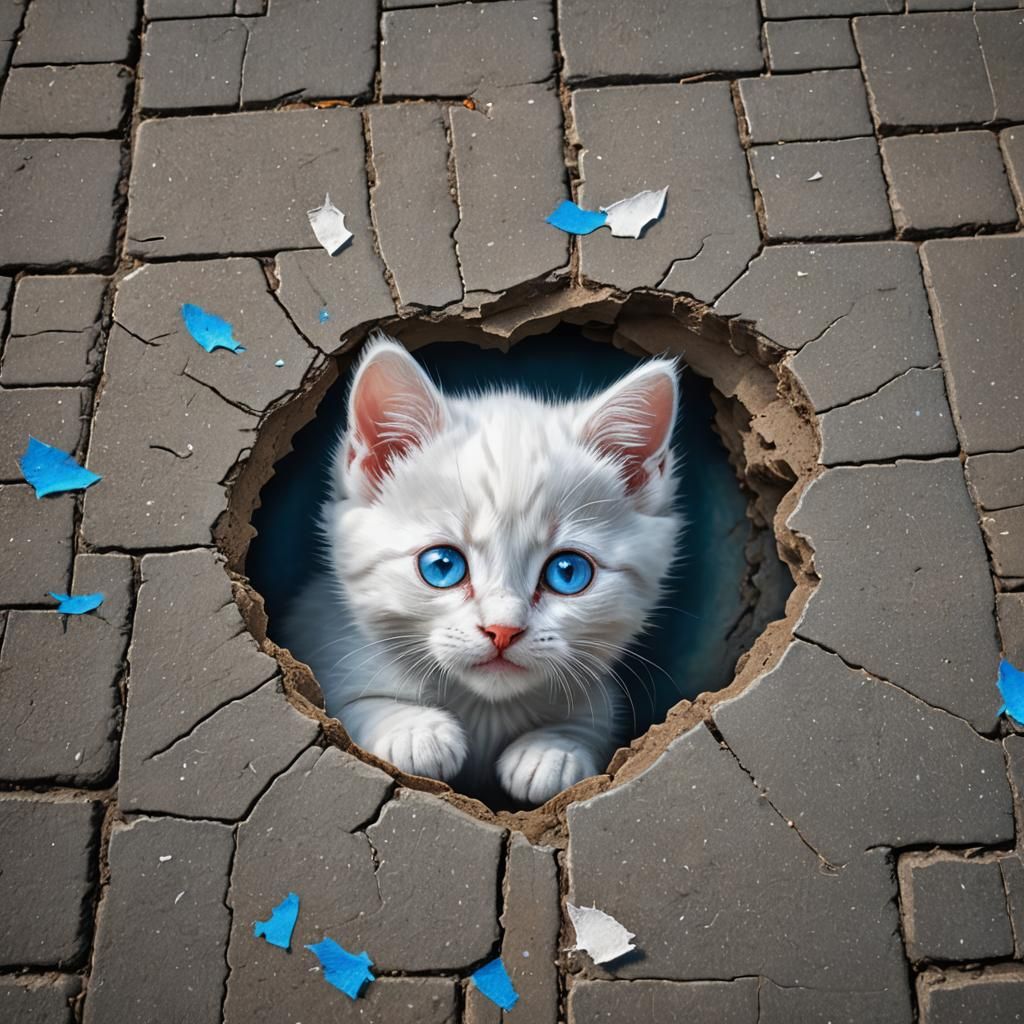 3D Chalk Art: Cute Kitten Peeking Out