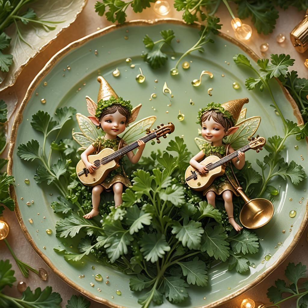 Enchanted Pixies Play on a Plate of Lush Parsley