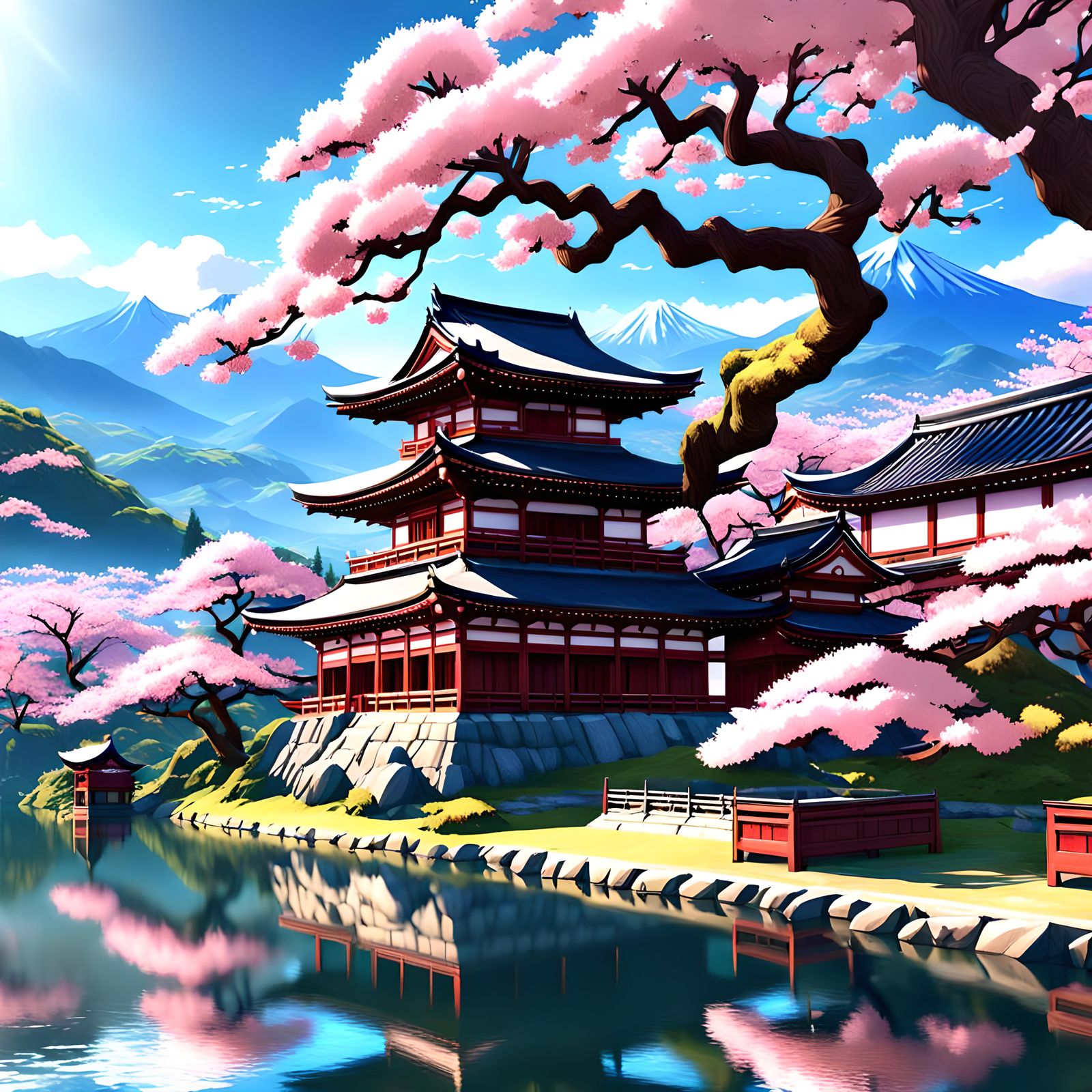 Ancient Sakura Tree by Lake: 3D Anime Art