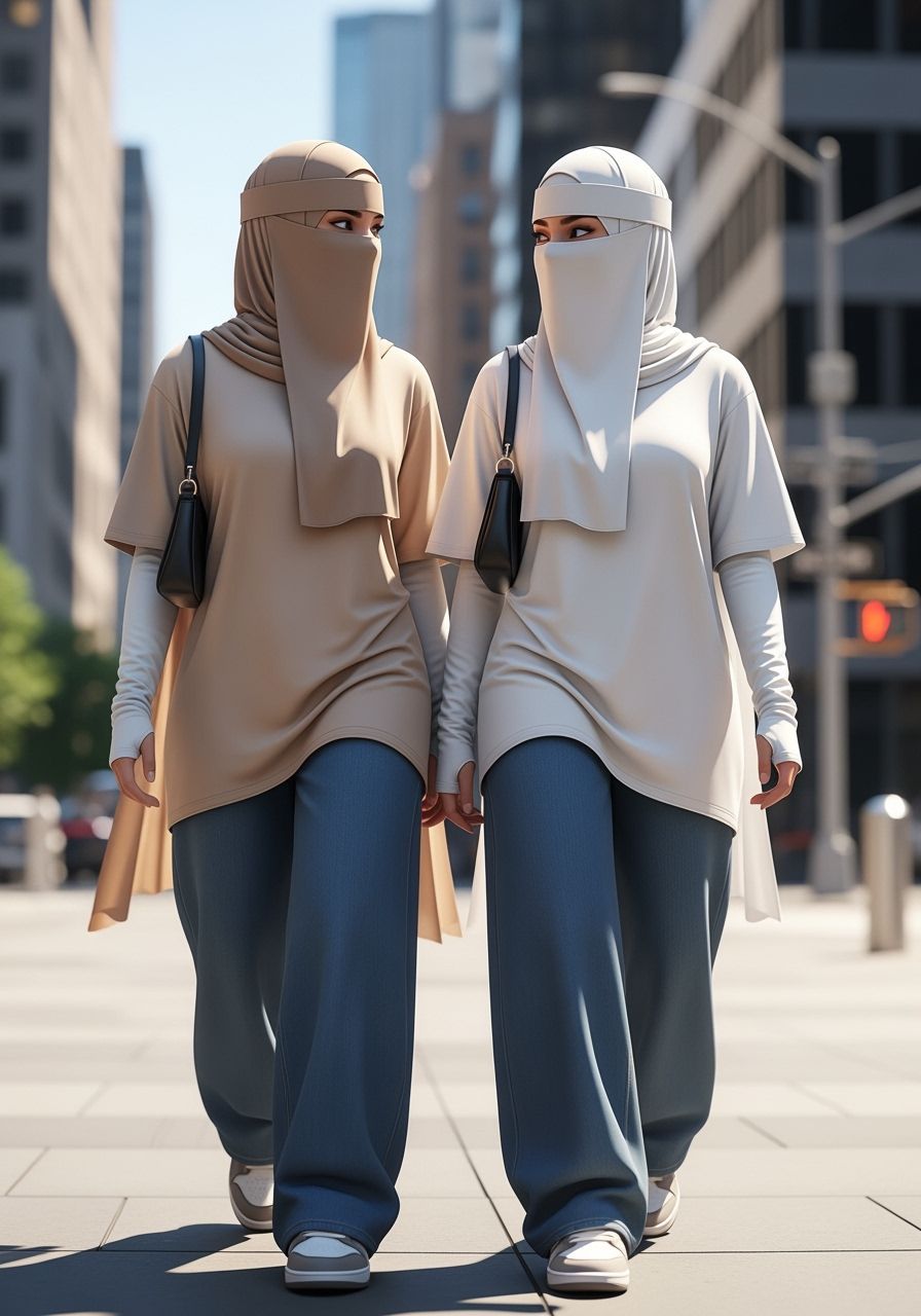 Two Niqabi Women Chatting in a Modern City