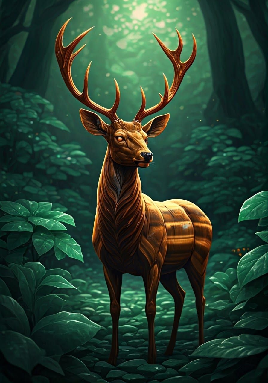 Majestic Tiger Eye Gemstone Deer in Lush Jade Forest