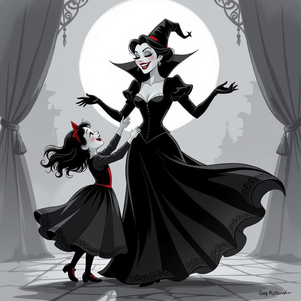 Vampire Mother and Daughter Dancing in Black and White