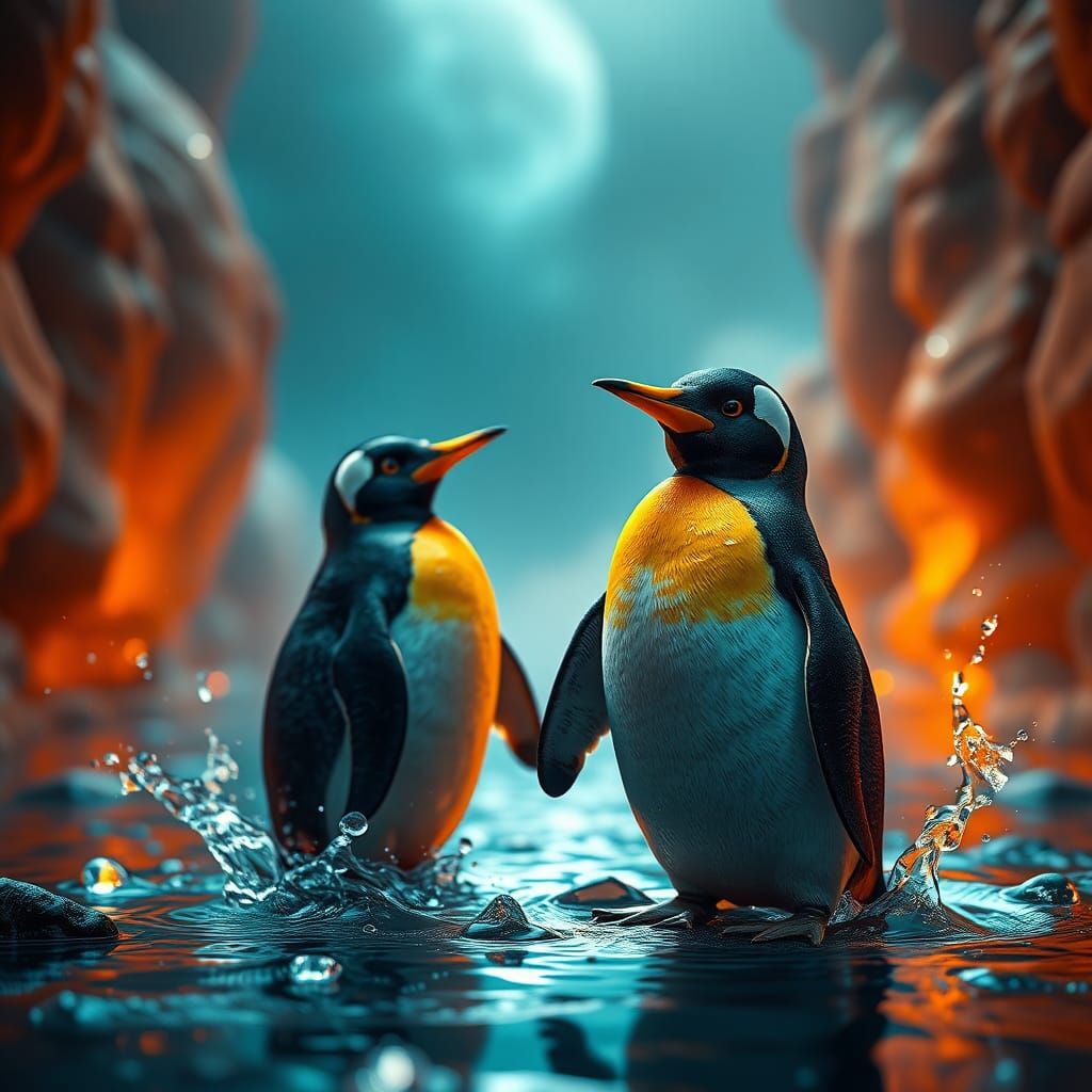Orange Penguin Quacks: Detailed Matte Painting