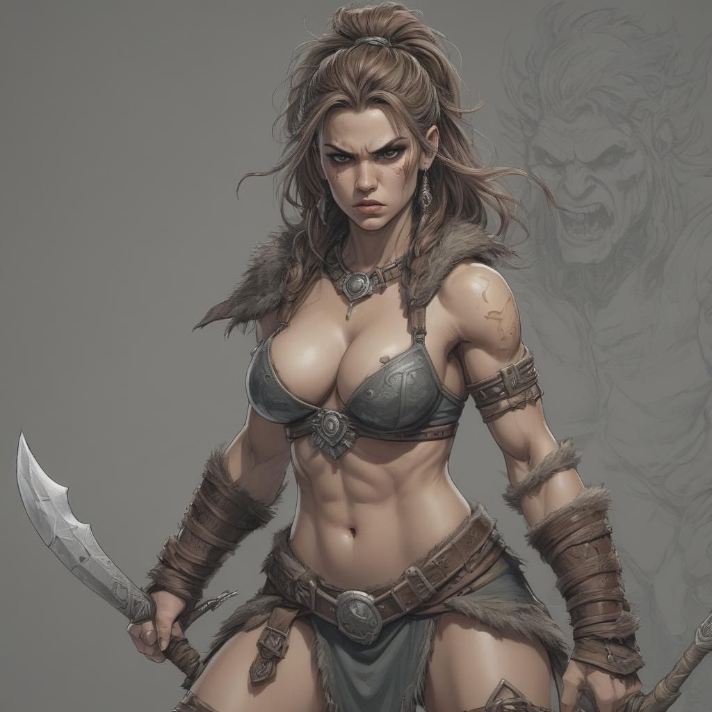 Furious Female Barbarian in Digital Line Art