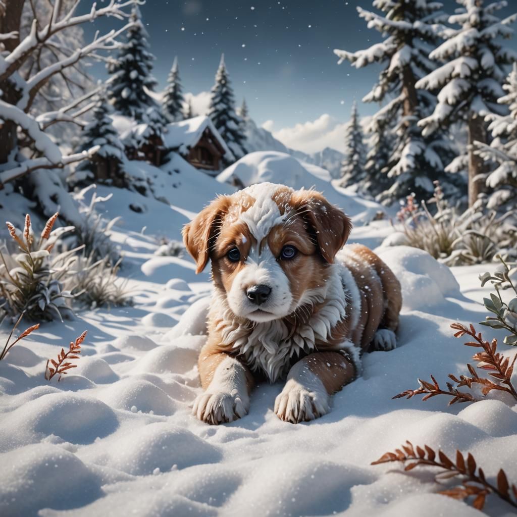 Snowy Puppy Purring: Detailed Matte Painting