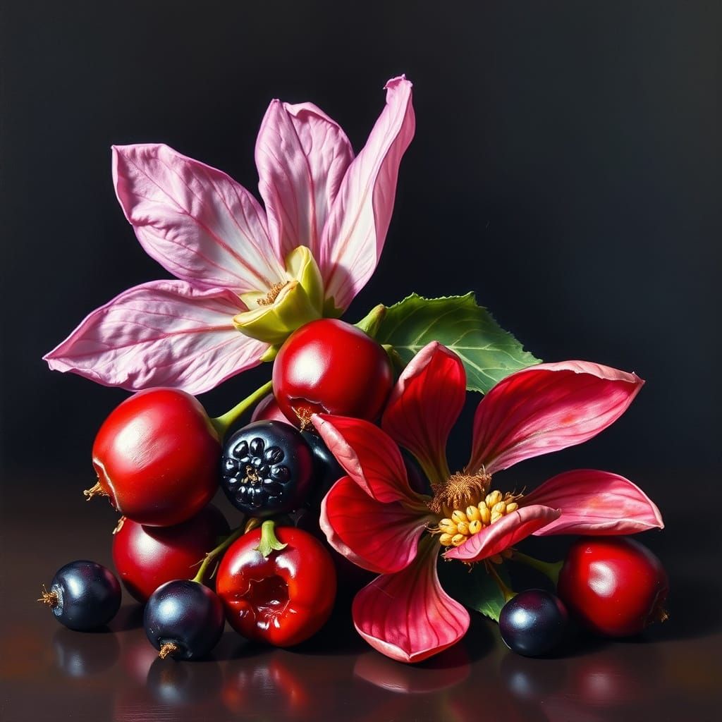 Vibrant Still Life: Boysenberry and Bloodroot Oil Painting