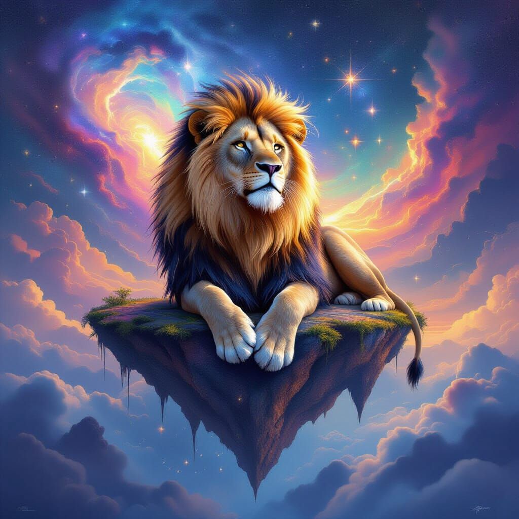 Cosmic Lion with Stardust Mane on Floating Island