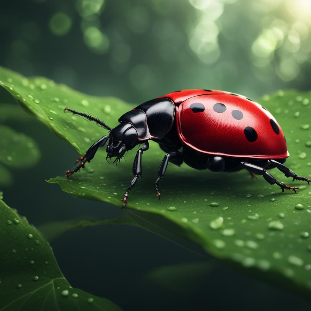 Red Beetle on Green Leaf: Detailed Matte Painting