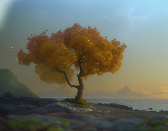 Ethereal Hydrangea Tree Surrounded by Serene Seascape