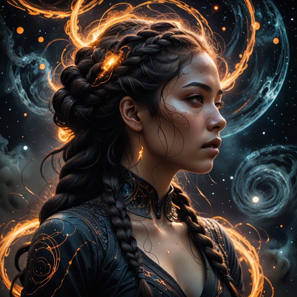 Girl in Void with Galactic Braids and Starlight Hair