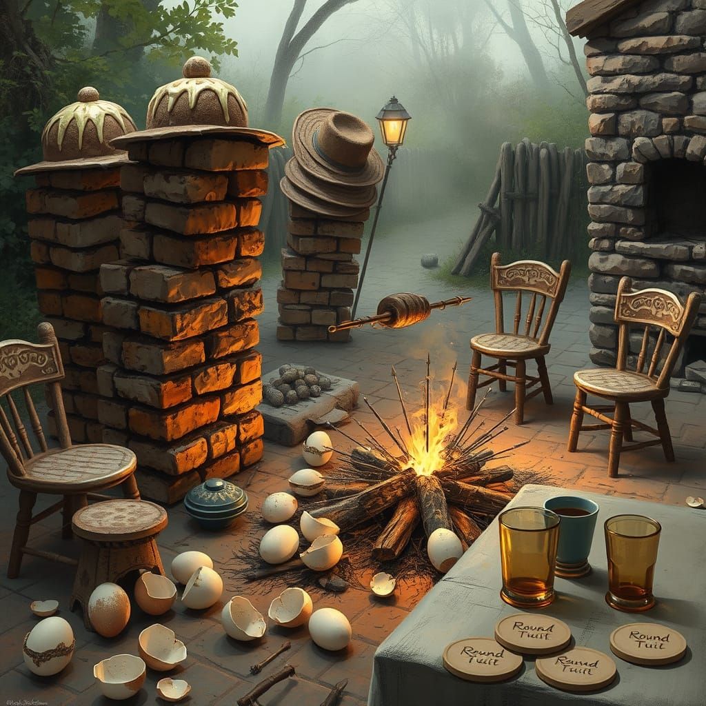 Whimsical Outdoor Scene with Mud Pies and Oddities