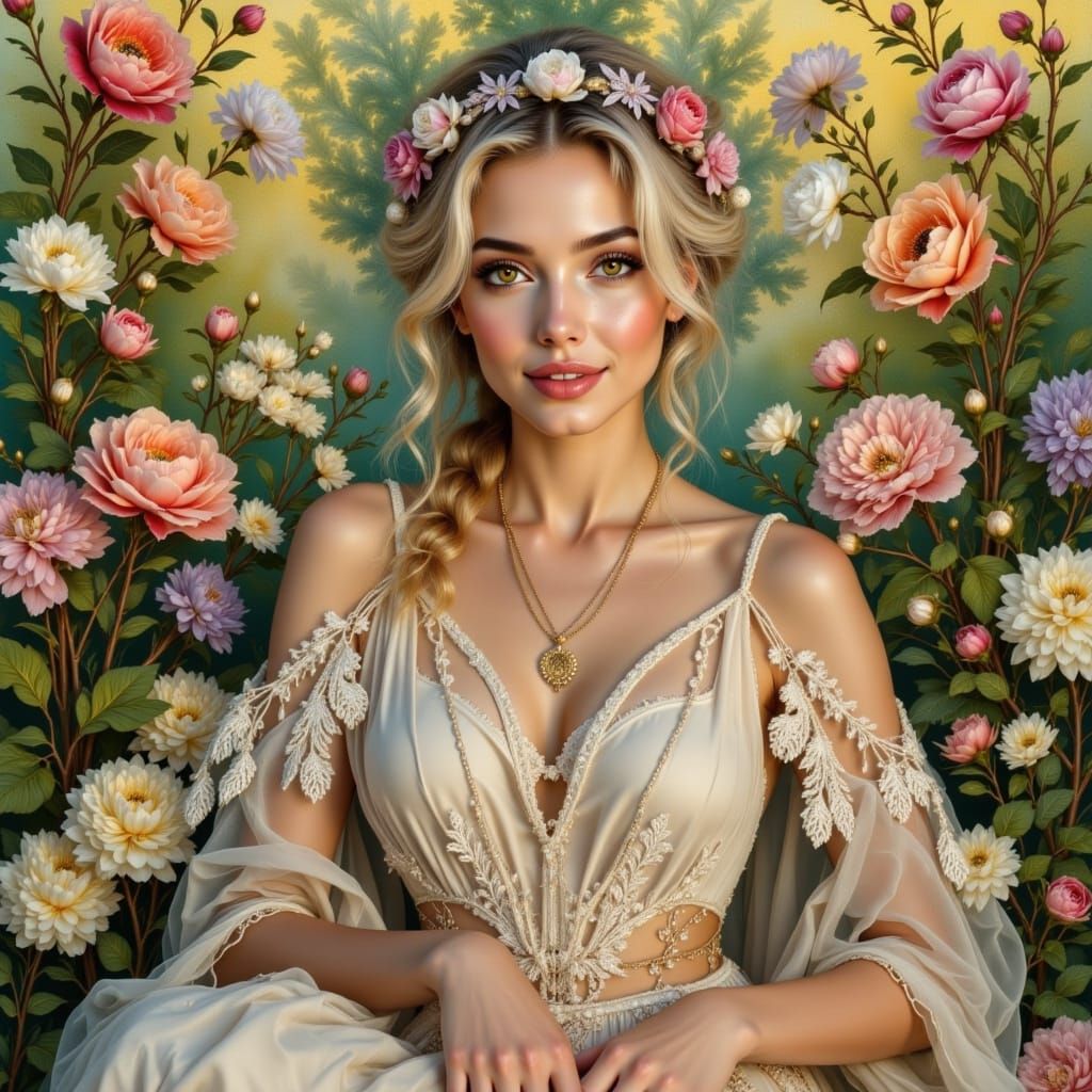 Elegant Woman Amidst Lush Florals in Opulent Garden Setting