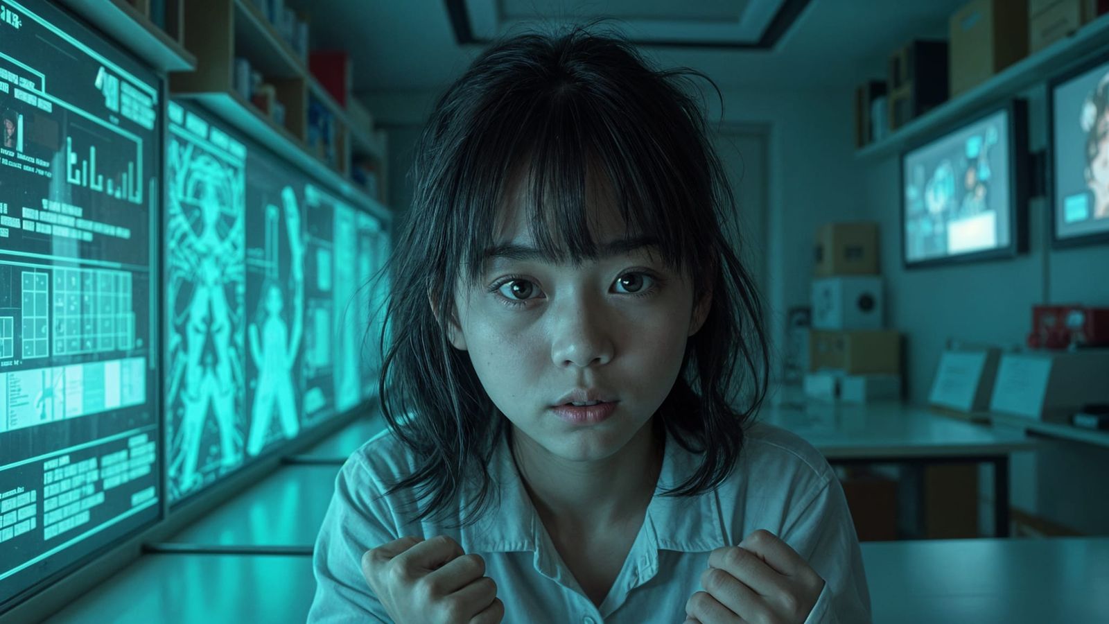Defiant Asian Girl in Room with Holographic Displays