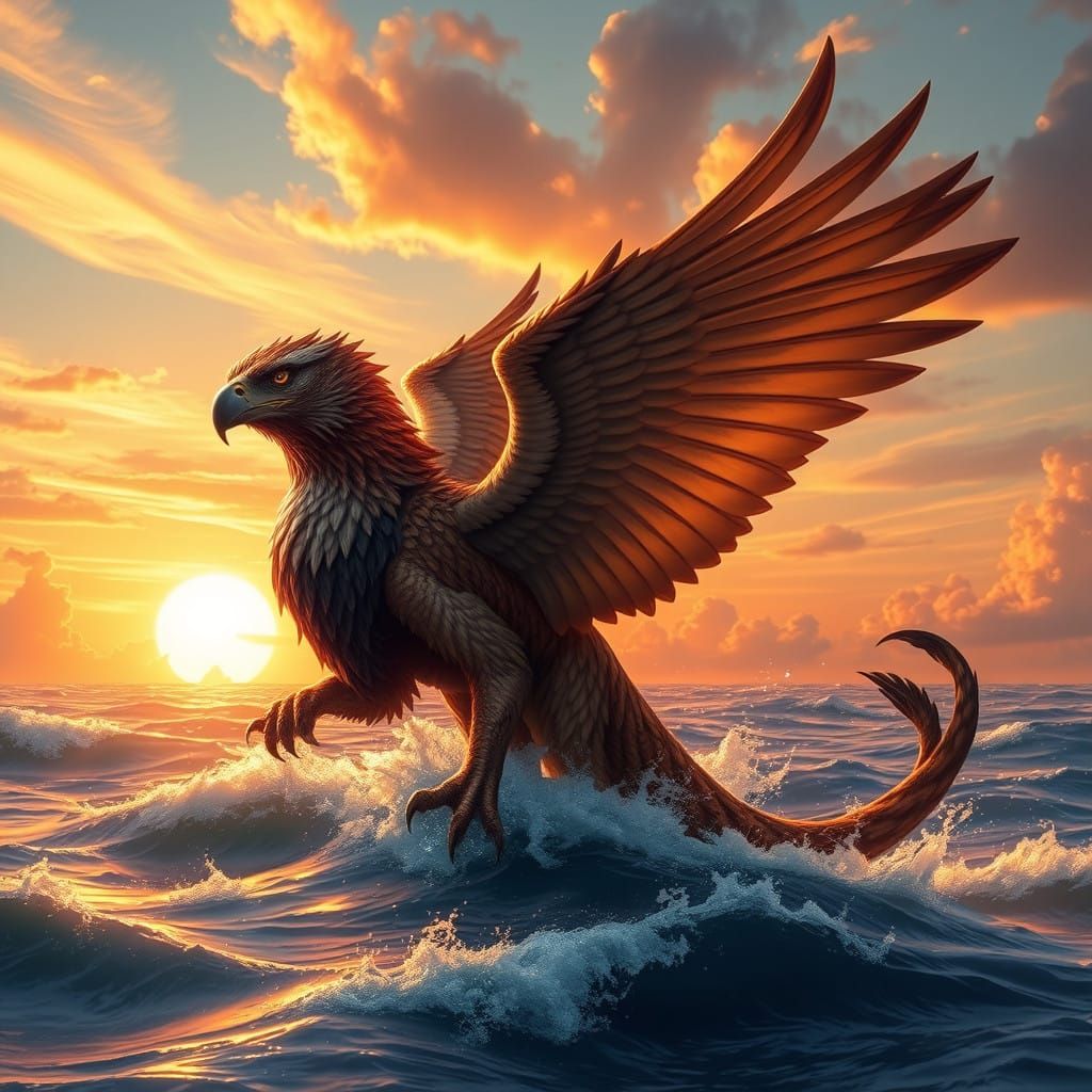 Regal Gryphon Rises from Sunset Sea in Vibrant Colors