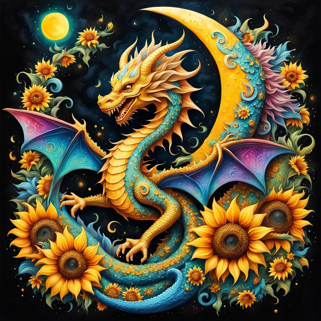 Glittery Moon Dragon and Sunflower Fairy in Graffiti Art