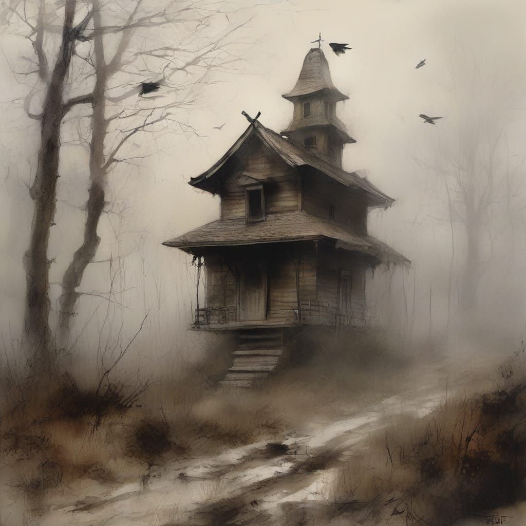 Sinister Birdhouse on Moor in Watercolor