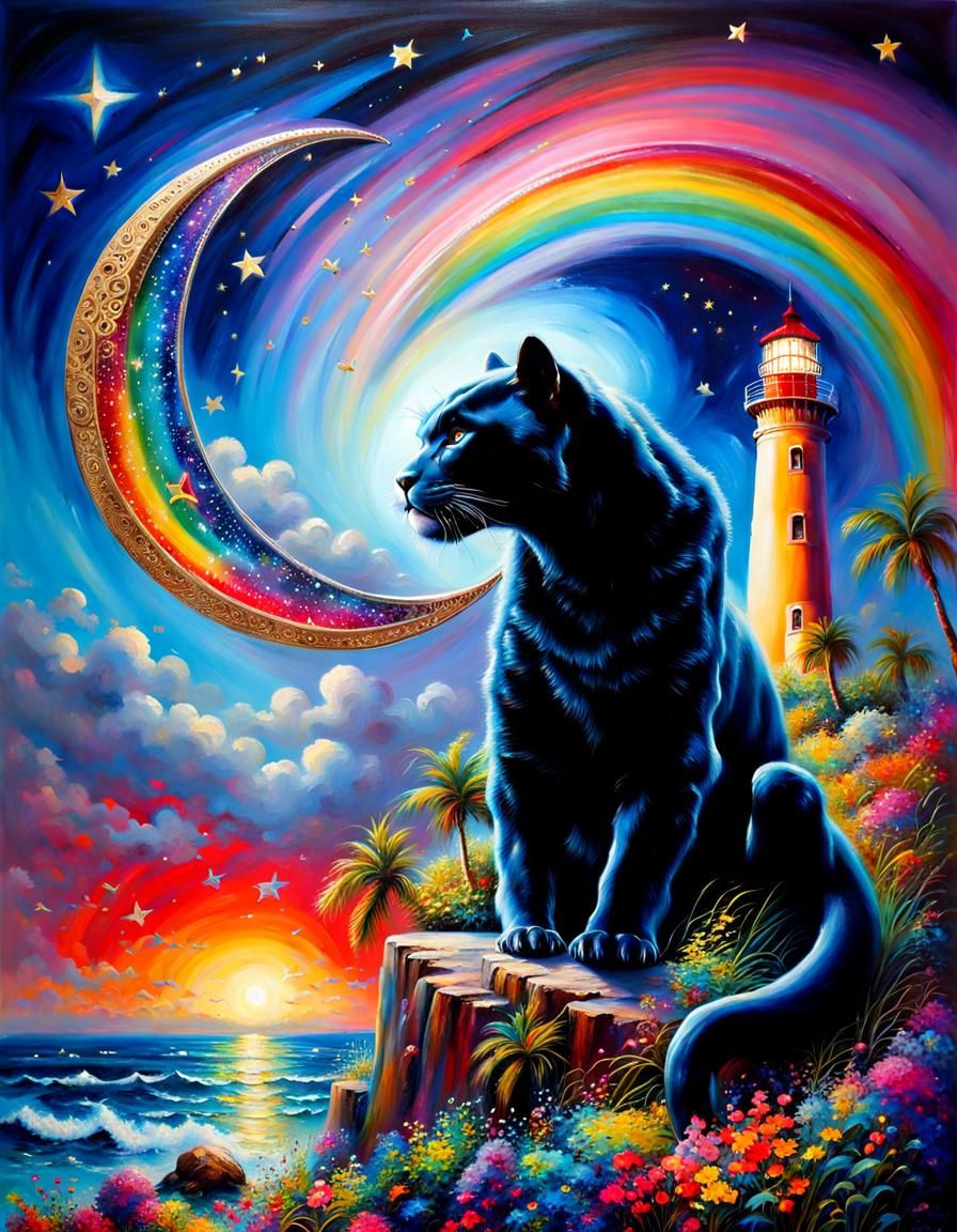 Epic Panther and Lighthouse Landscape with Filigree Details