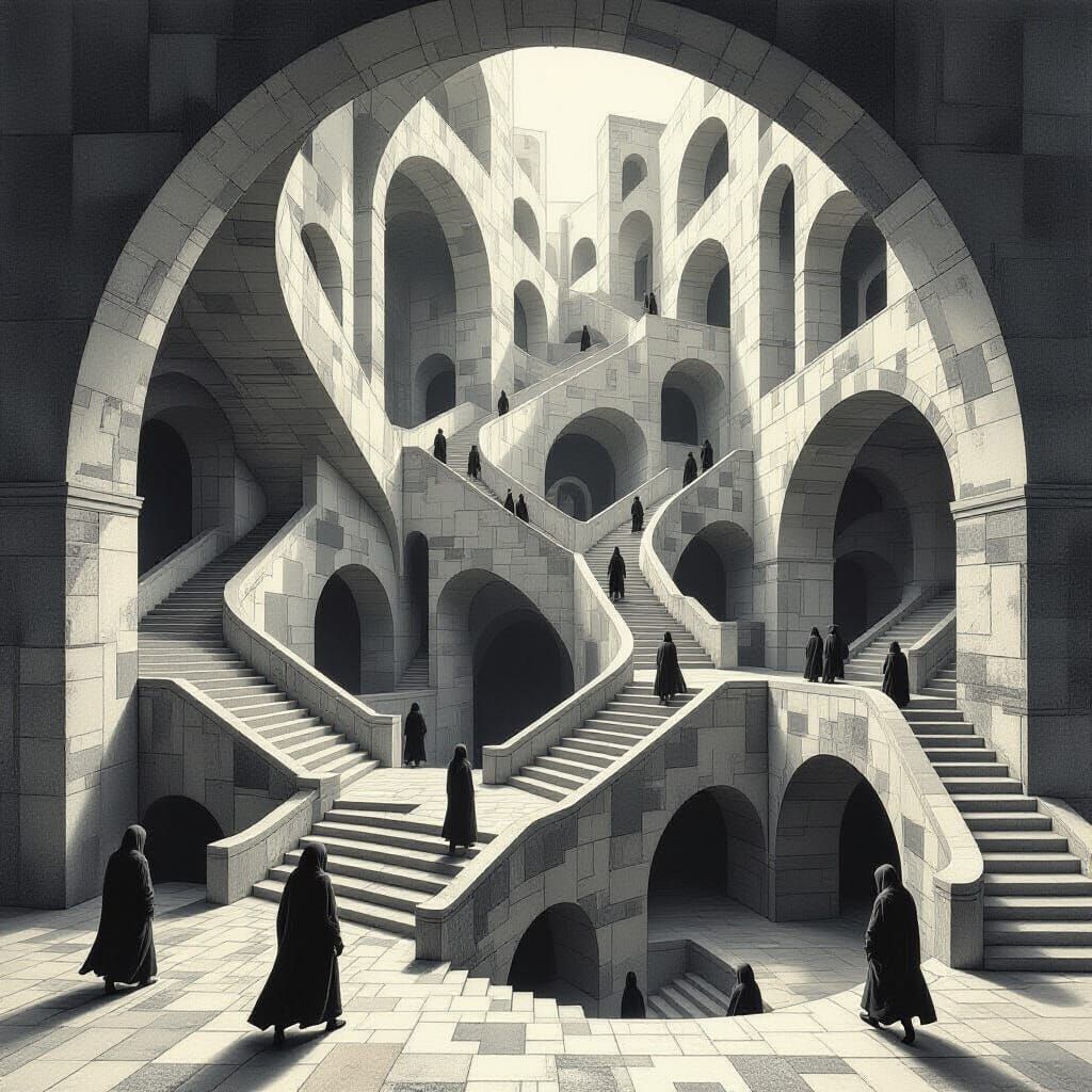 Mind-Bending Paradoxical Architecture with Hooded Figures