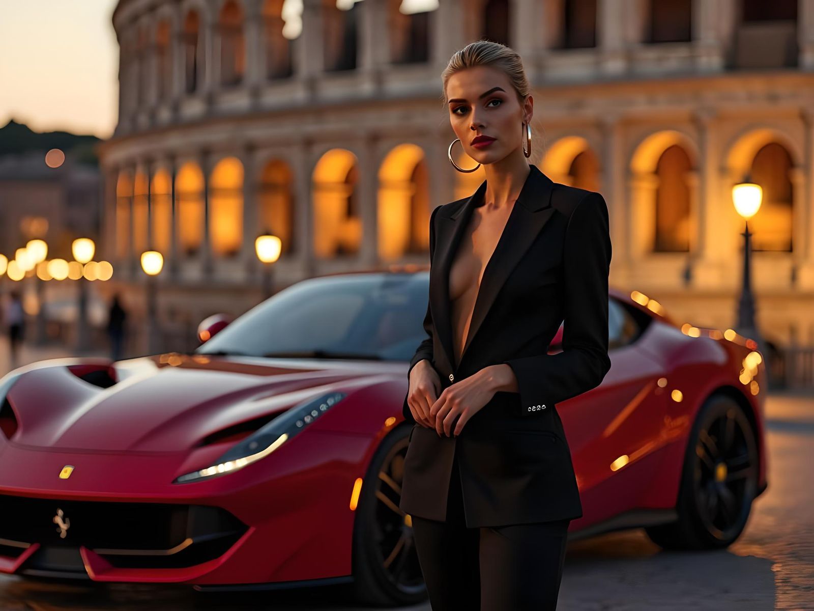Stunning Woman and Ferrari 812 at the Colosseum