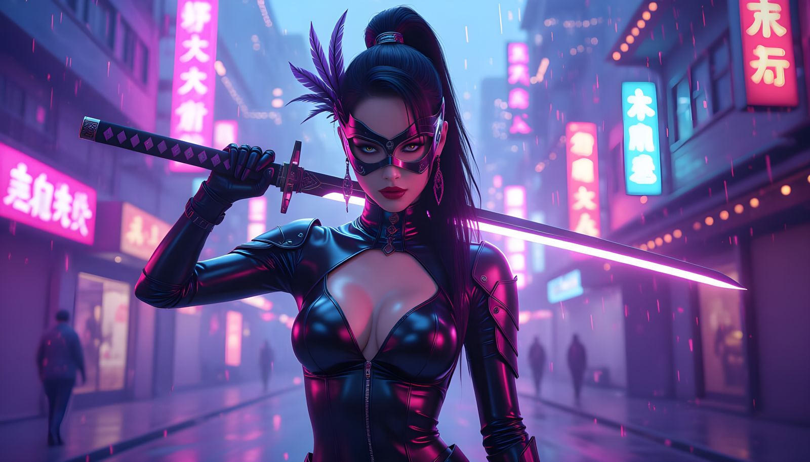 Cyberpunk Warrior with Katana in Neon City