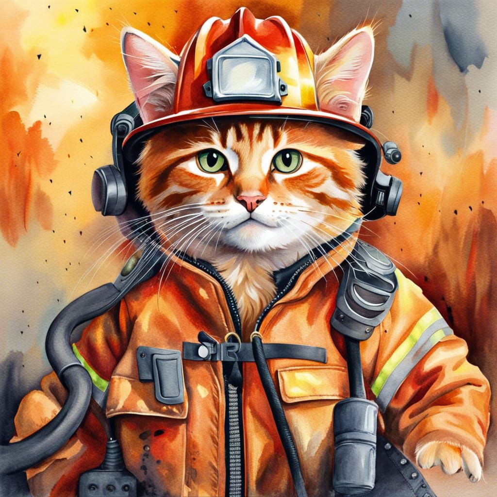 Ginger Kitten Firefighter in Watercolor Style