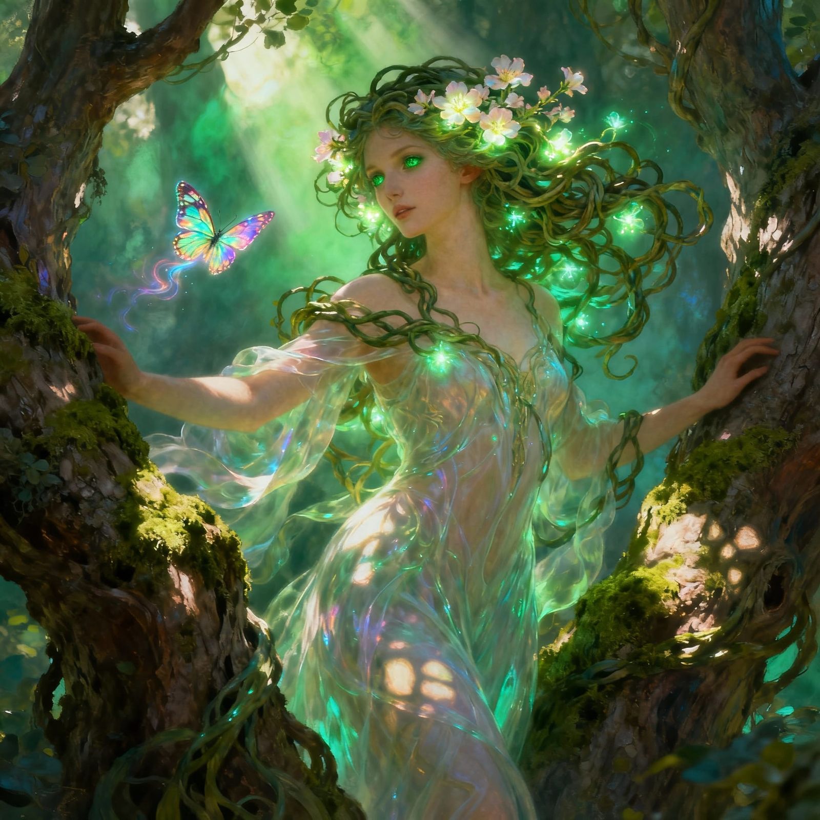 Bioluminescent Forest Spirit Woman Among Ancient Trees