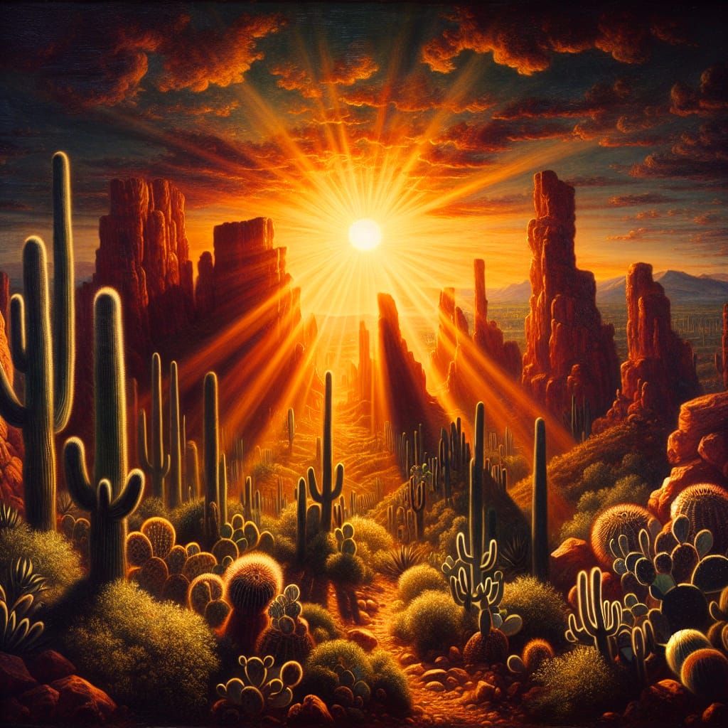 Baroque Desert Landscape with Cacti and Golden Sunset