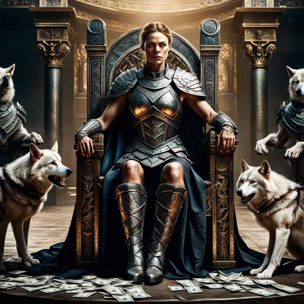 Gladiatrix on Throne with Wolves: Digital Matte Painting