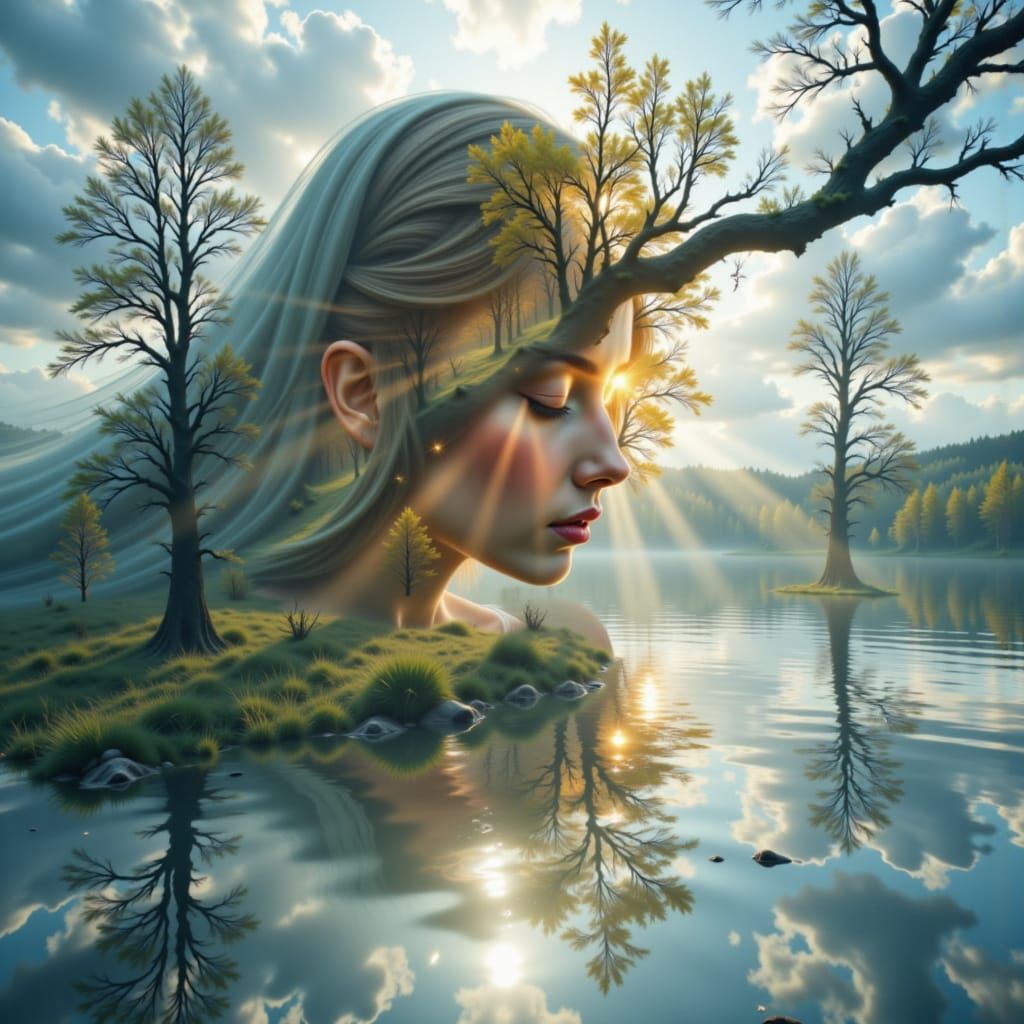 Goddess of Dreams in Serene Lake Double Exposure