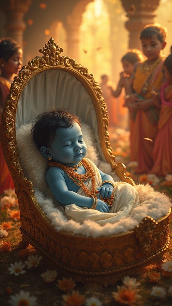 Blue-Skinned Newborn Boy in Regal Indian Cradle