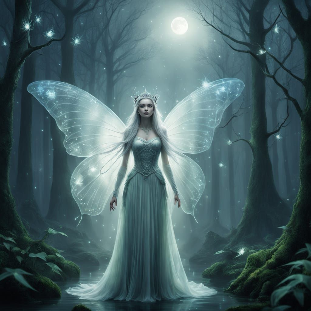 Ethereal Elven Queen in Moonlit Silver Forest