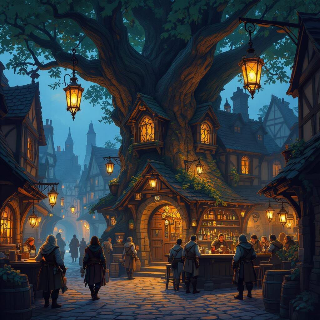 Bustling Tavern Inside Ancient Oak Tree, Detailed Concept Ar...