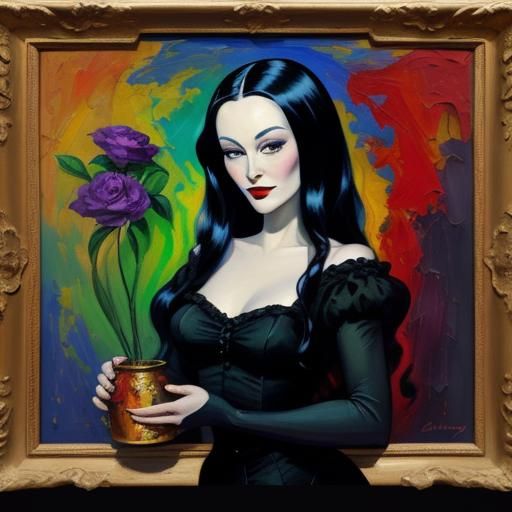 Morticia Addams Pin-Up in Expressionist Oil Painting