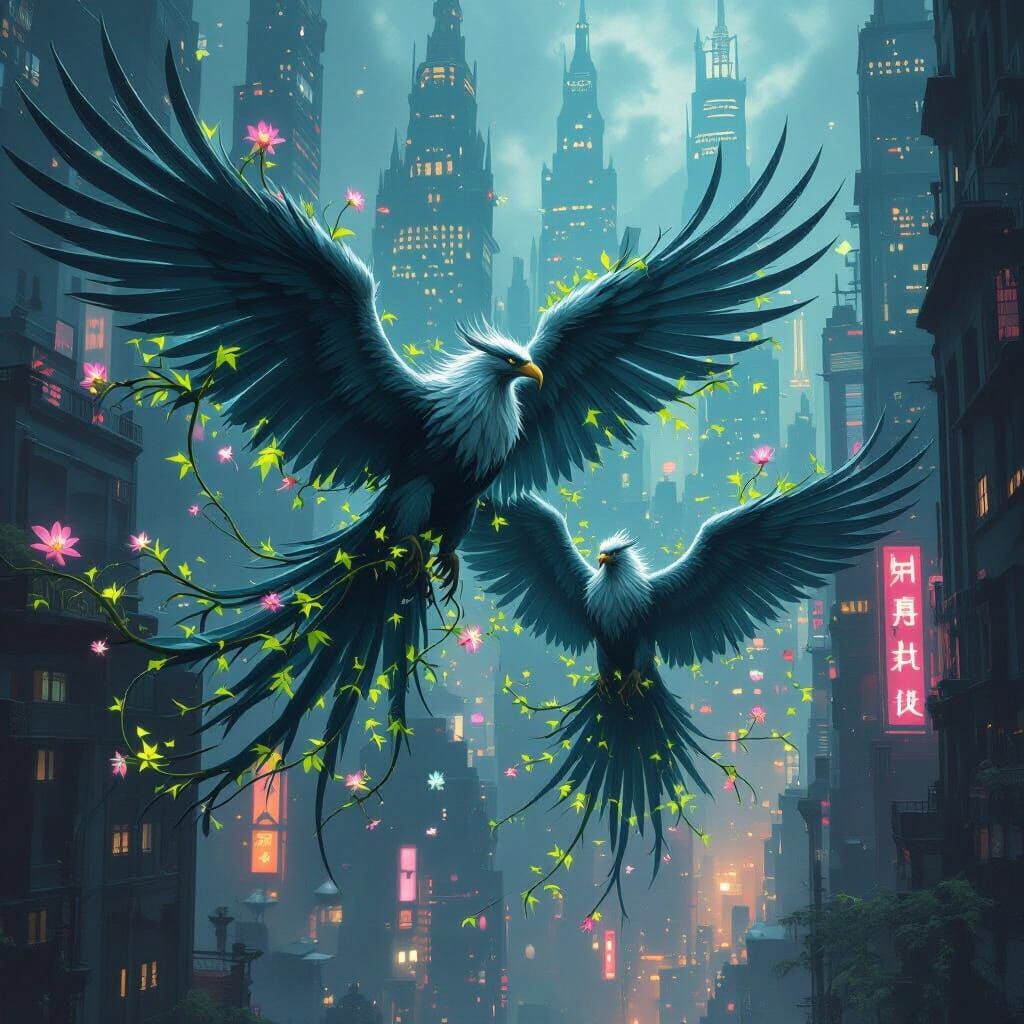 Griffins Soaring Through Cyberpunk Cityscape