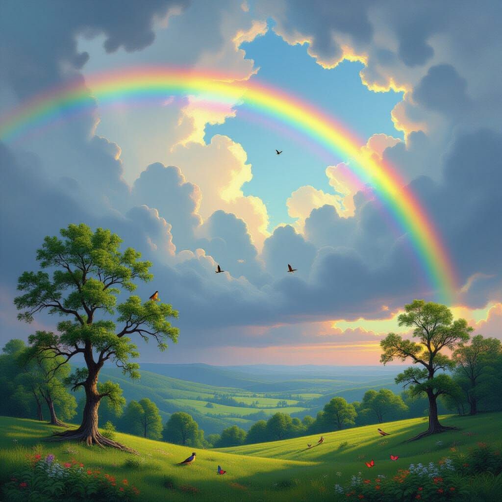 Vibrant Valley Rainbow with Birds and Butterflies