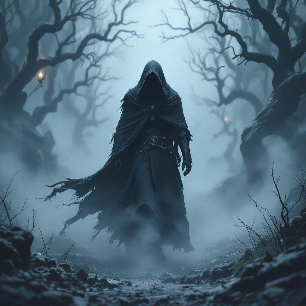 Eerie Dark Phantom in Mist, Dark Fantasy Style