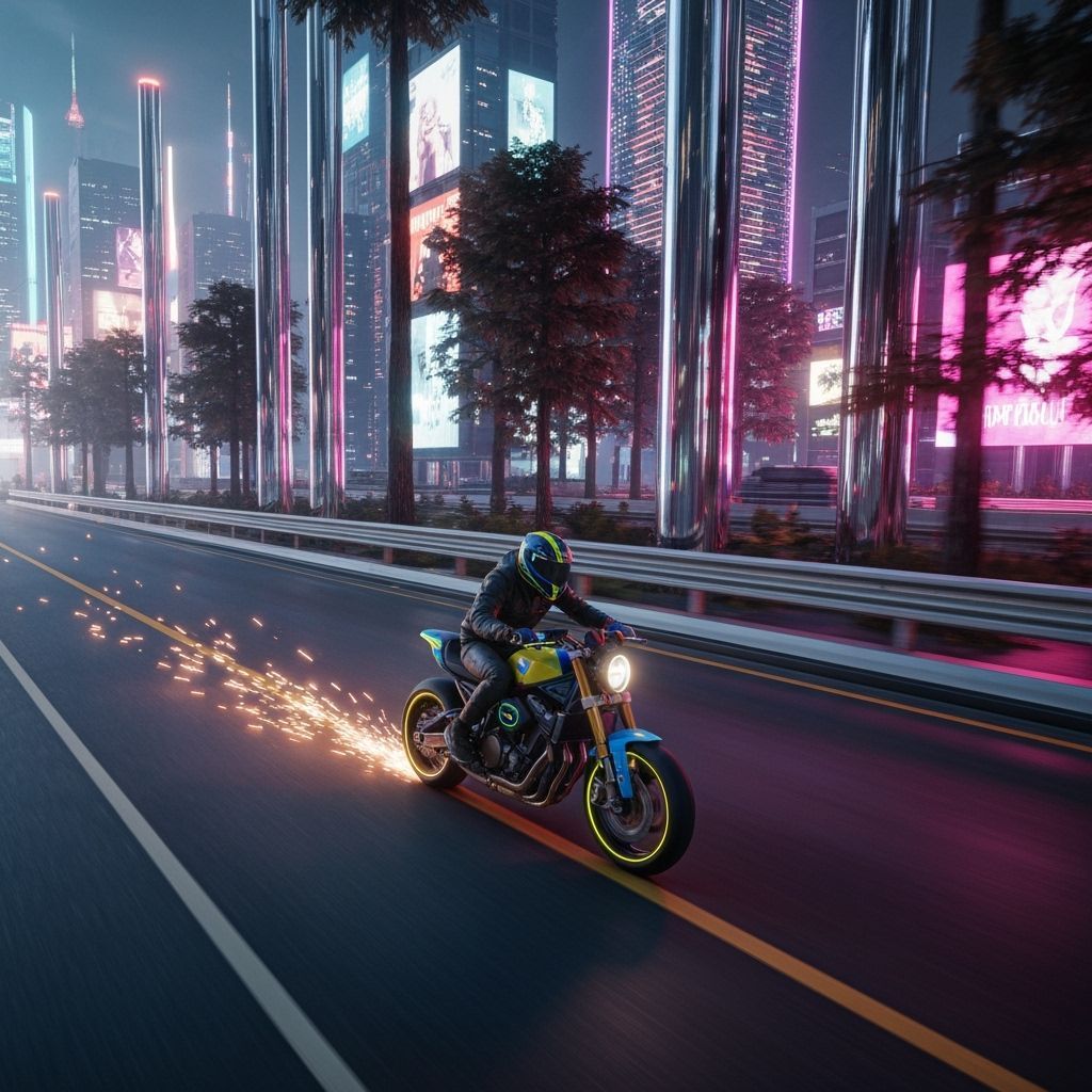 Cyberpunk Motorcyclist Speeds Through Neon Forest