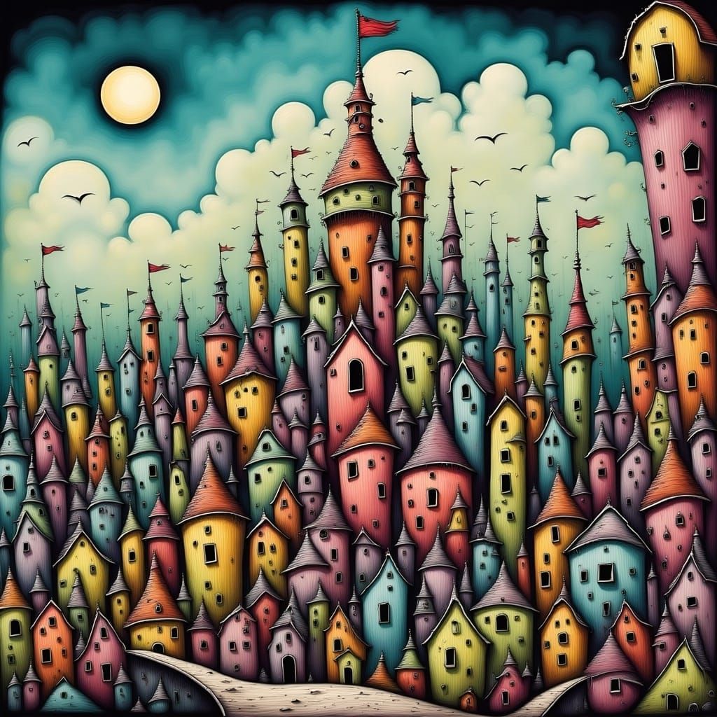 Whimsical Cityscape in Tim Burton Style