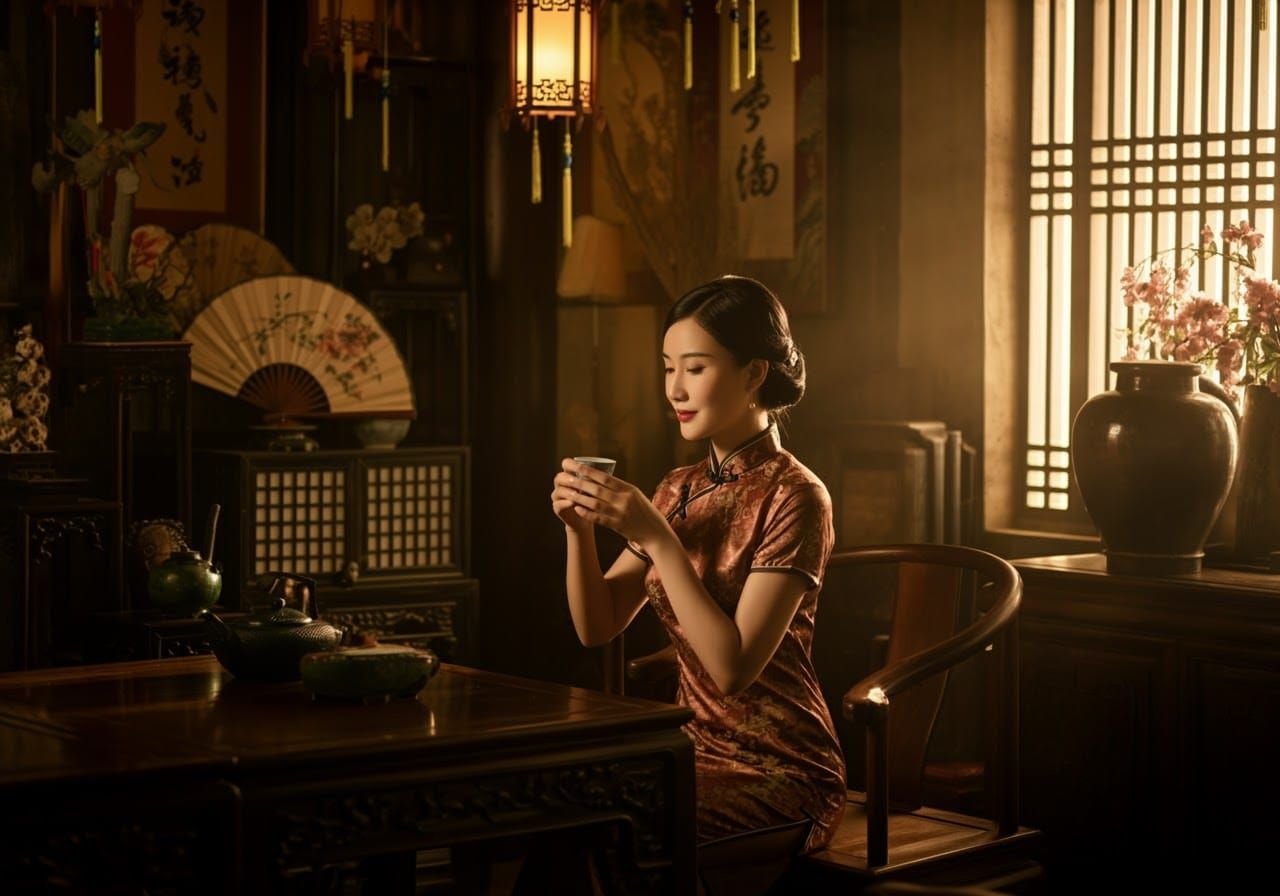 Serene Chinese Woman in Golden Hour Light