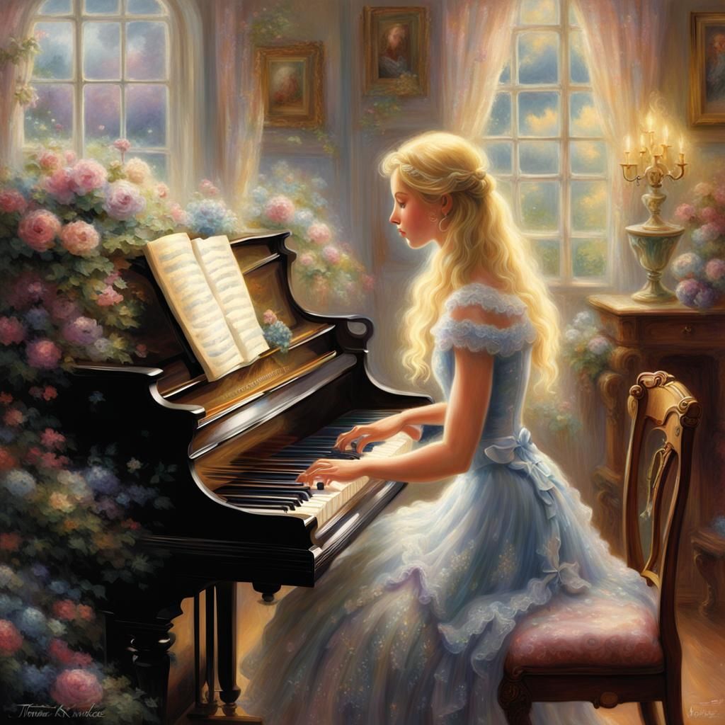 Ethereal Blonde Girl Plays Piano in Kinkade Style