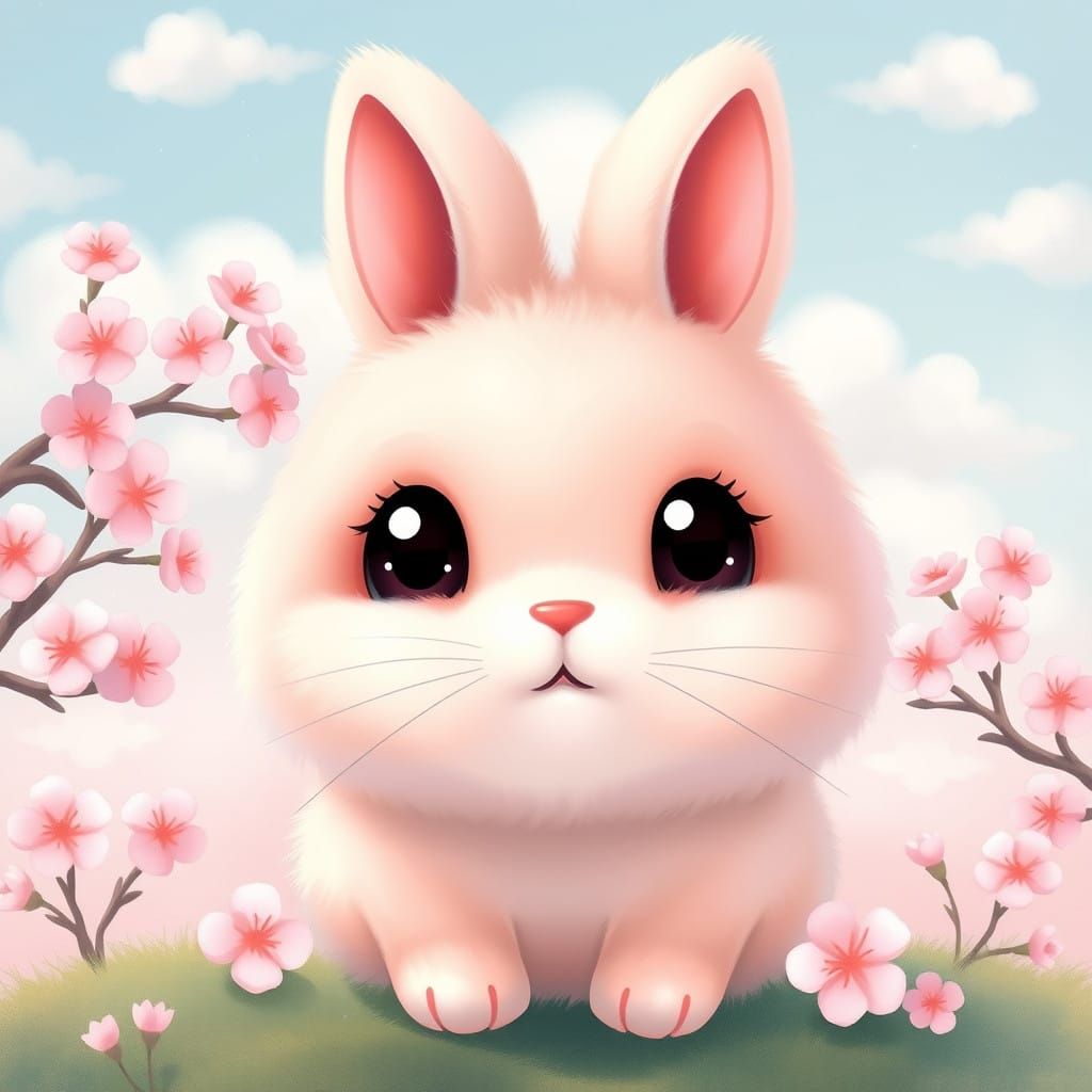 Kawaii Bunny in Delicate Cherry Blossom Landscape