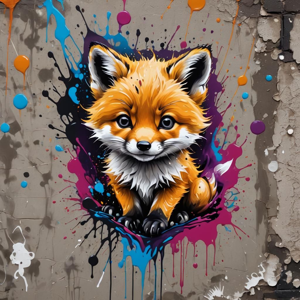 Adorable Baby Fox in Graffiti Digital Art